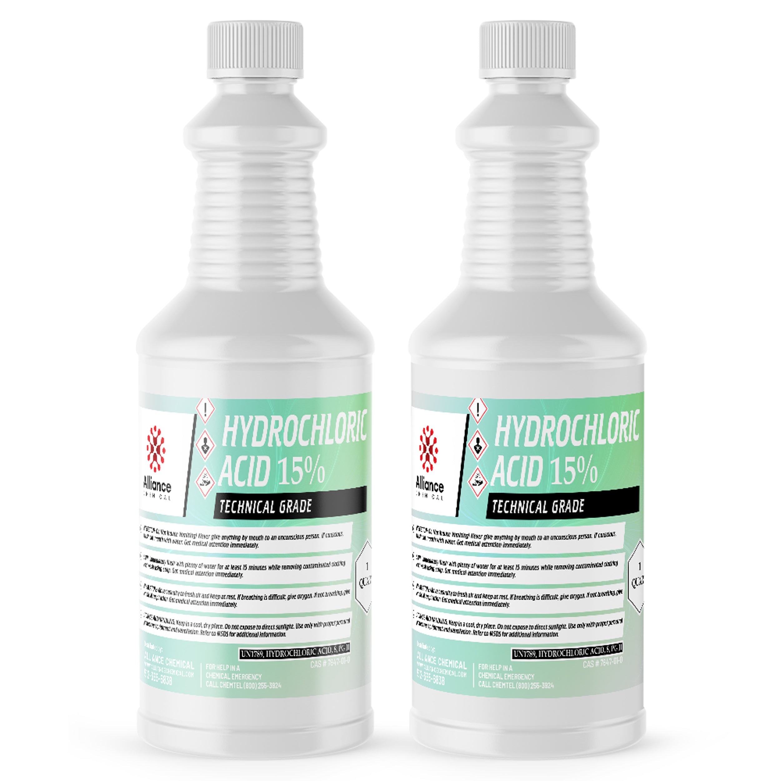 2-quart bottles of Alliance 15% Technical Grade Hydrochloric Acid in white HDPE containers with GHS hazard symbols and safety warnings.